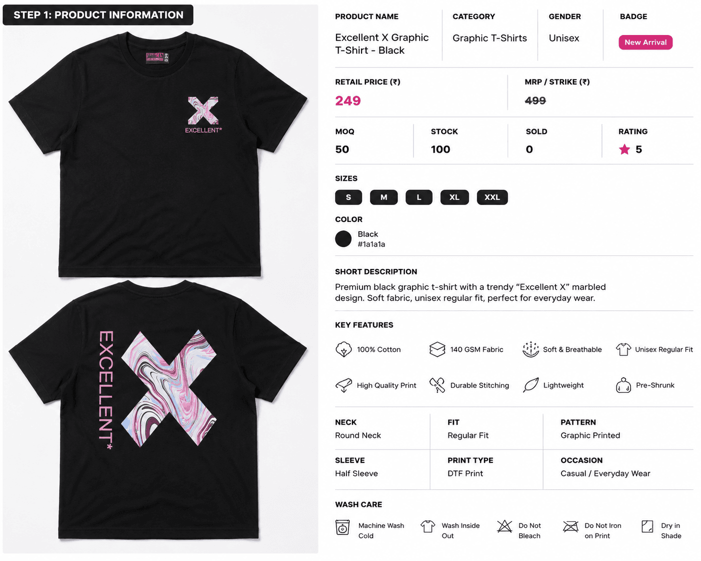Excellent X Marble Graphic T-Shirt - Black | Unisex Regular Fit — view 4