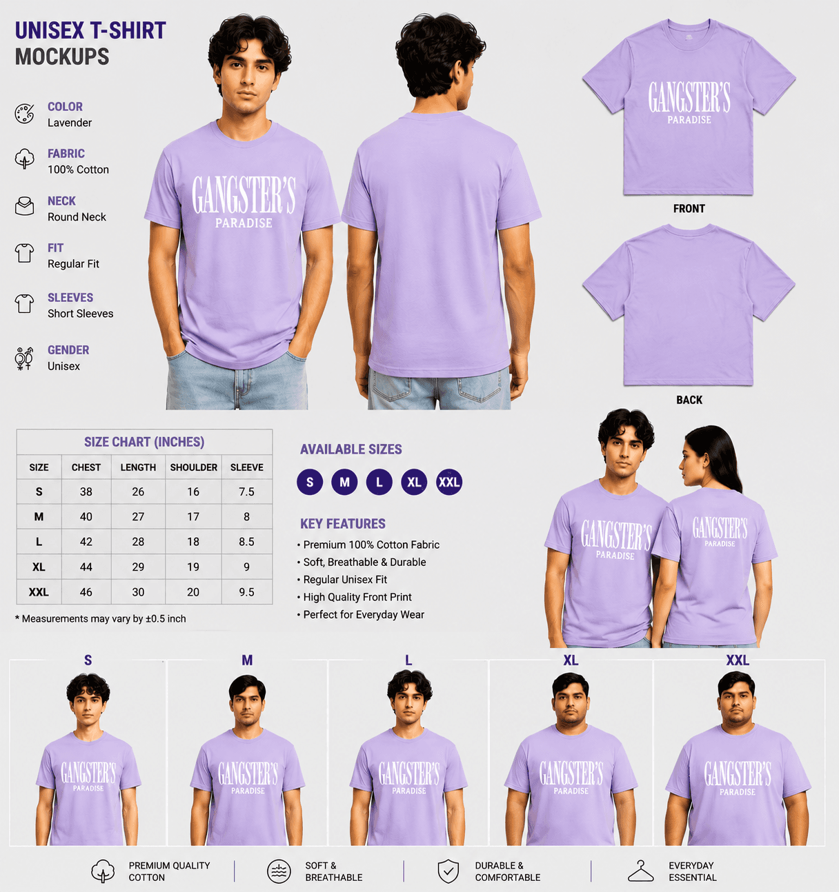 Premium Classic Gangster's Paradise Graphic T-Shirt - Lavender | Unisex Regular Fit — view 3