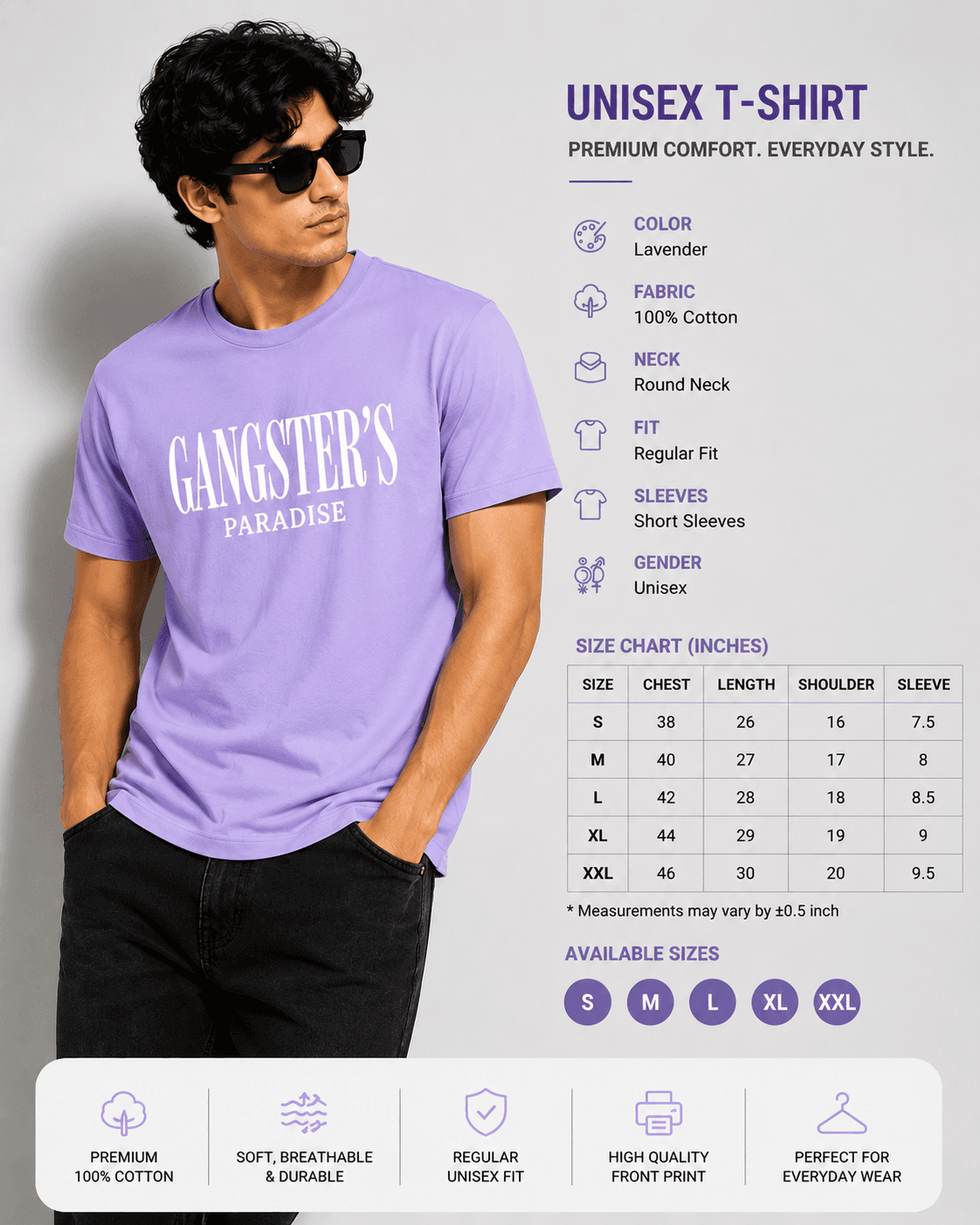 Premium Classic Gangster's Paradise Graphic T-Shirt - Lavender | Unisex Regular Fit — view 4