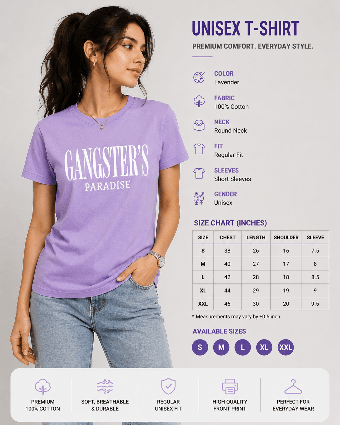 Premium Classic Gangster's Paradise Graphic T-Shirt - Lavender | Unisex Regular Fit — view 7