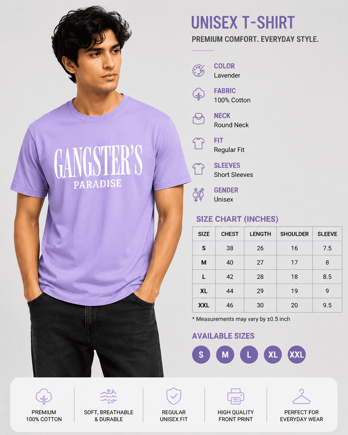 Premium Classic Gangster's Paradise Graphic T-Shirt - Lavender | Unisex Regular Fit — view 8