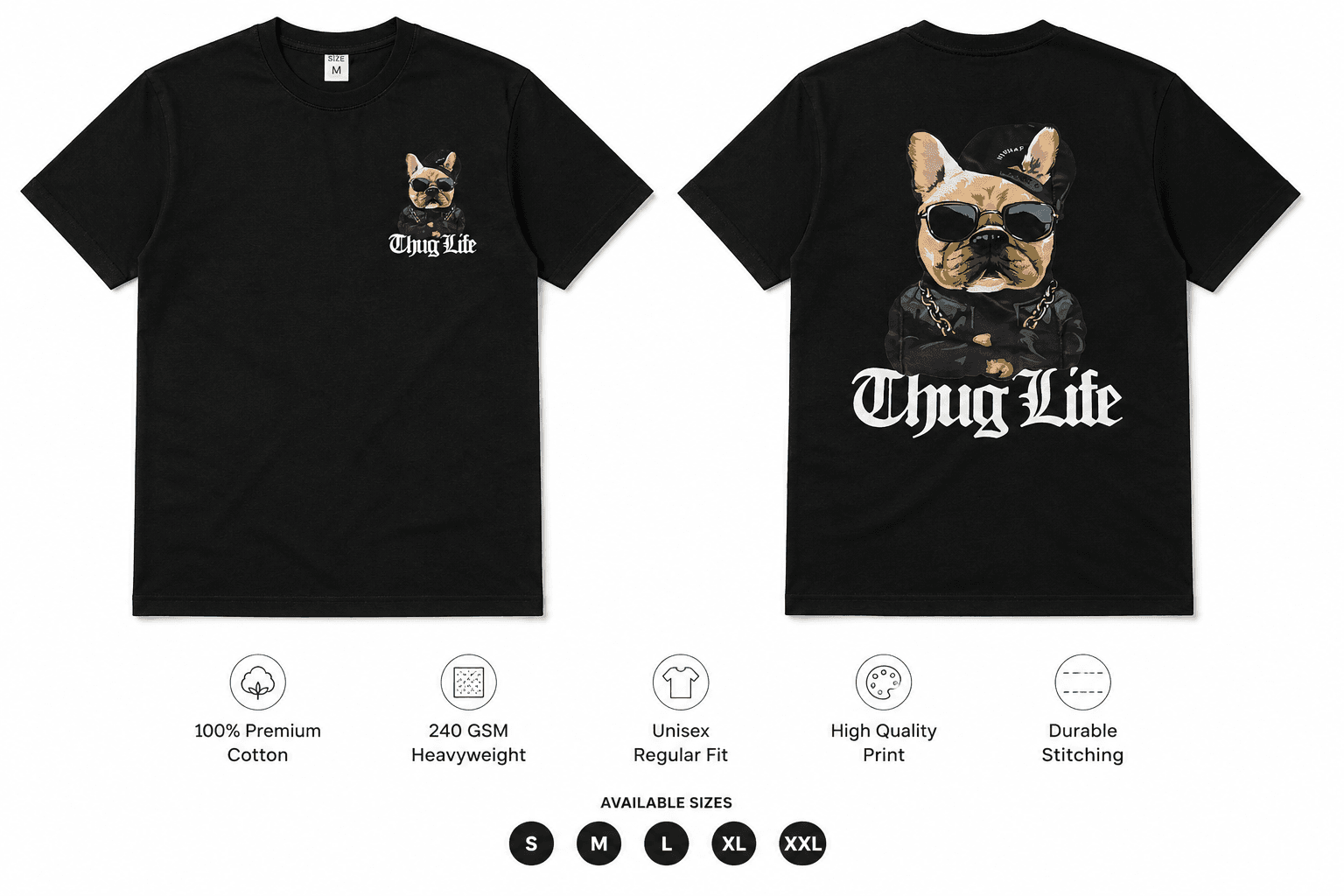 Thug Life French Bulldog Graphic T-Shirt - Black | Unisex Regular Fit — view 4